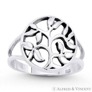 Tree w/ Filigree Vine & Leaf Circle Charm Ring in .925 Sterling Silver - Size 6